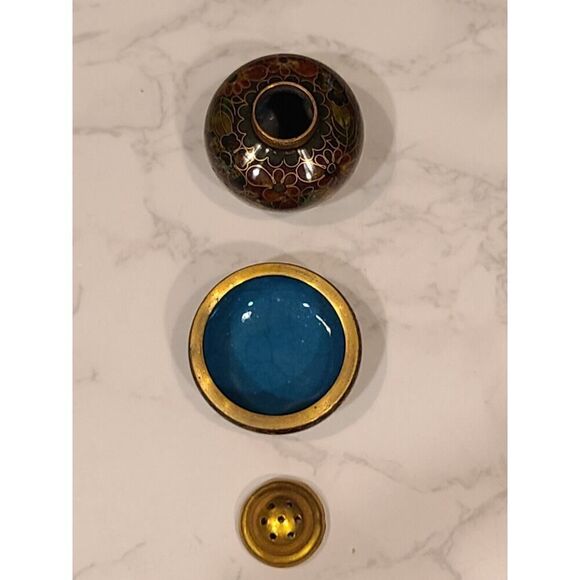 Cloisonné Open Salt Bowl Cellar Pepper Shaker Brown Flower Enamel Brass Stacking - Picture 5 of 8